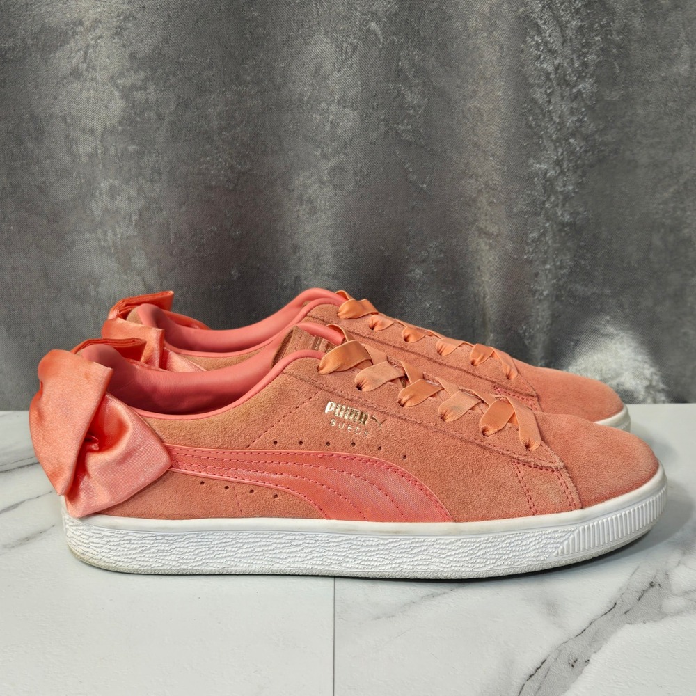 Puma Suede Bow Varsity Sneakers Womens Size 8 Coral Pink Shell Satin Lace Up